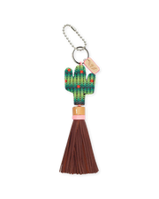 Cactus-shaped keychain with tassel on a white background
