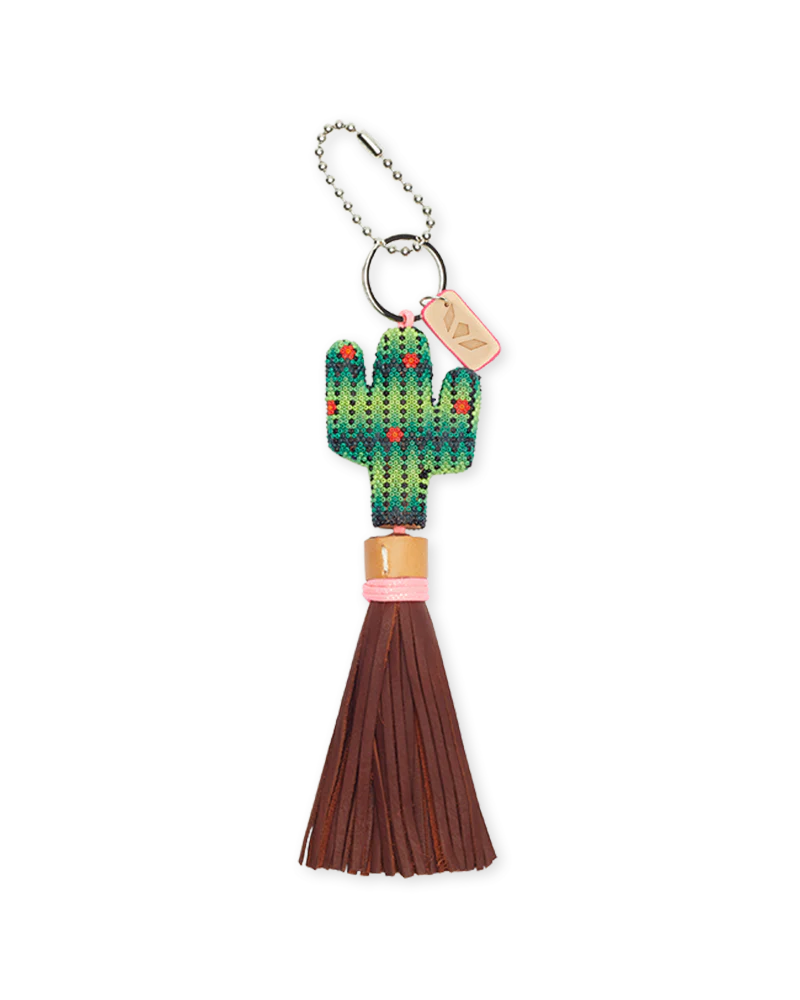 Cactus-shaped keychain with tassel on a white background