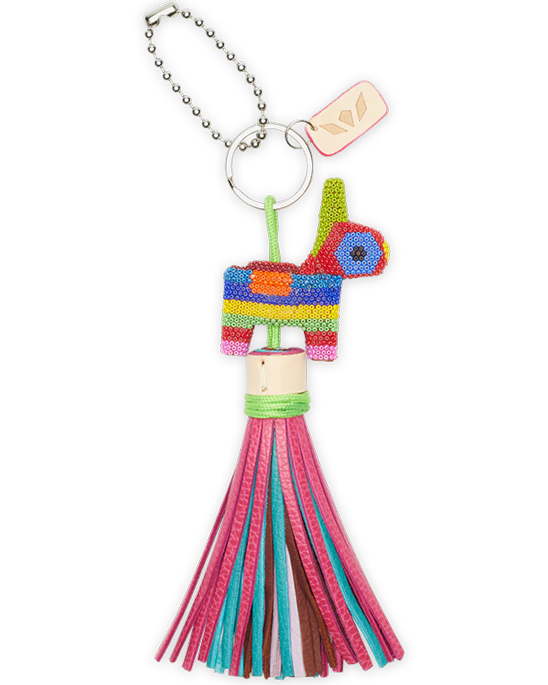 Colorful tassel keychain with a donkey charm on a white background