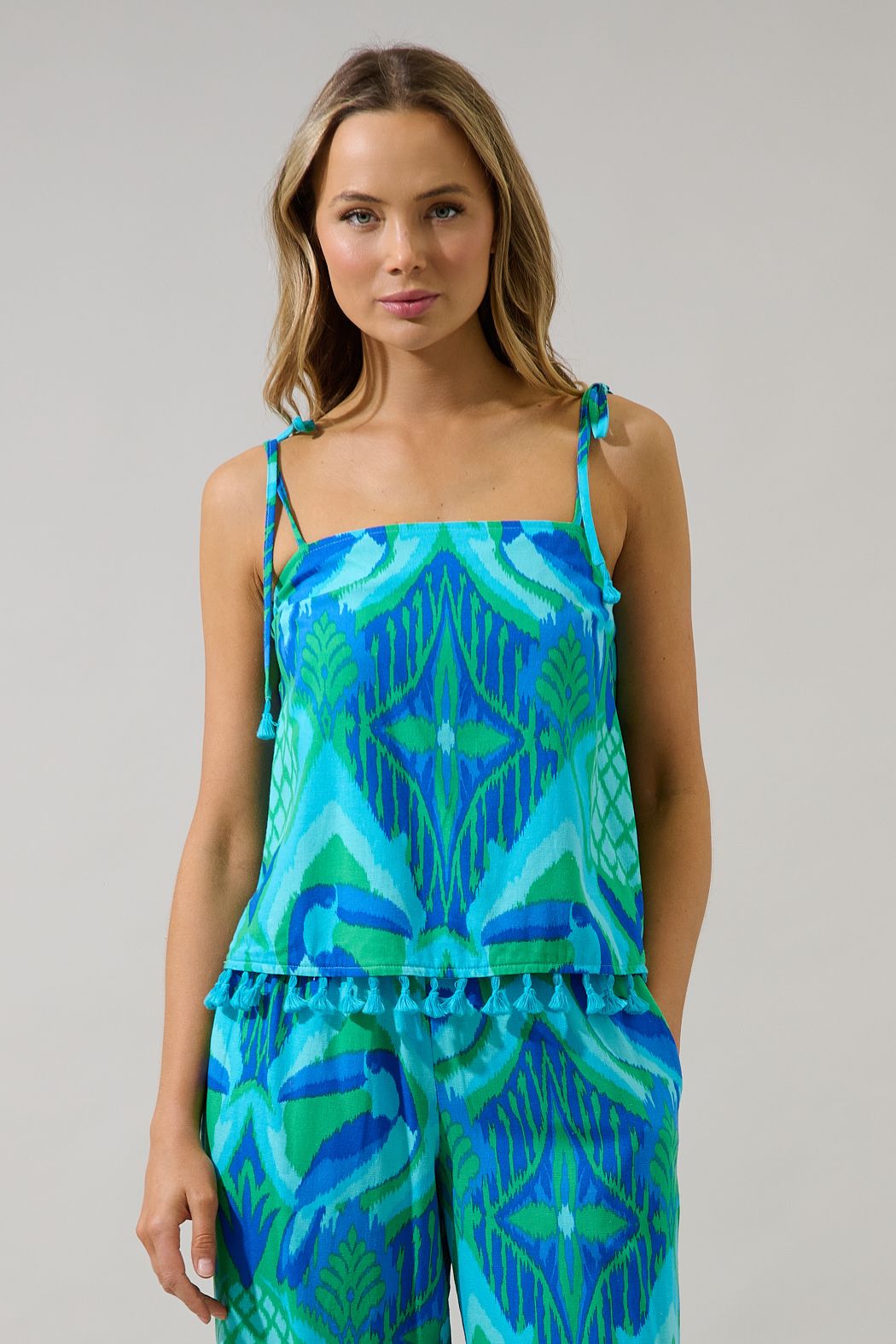 The Azure Ikat Tassel Top